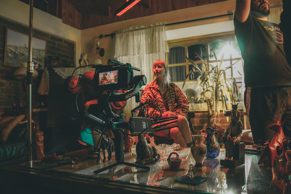 Cozy home film set featuring a camera and crew during a shoot in Rengo, Chile.